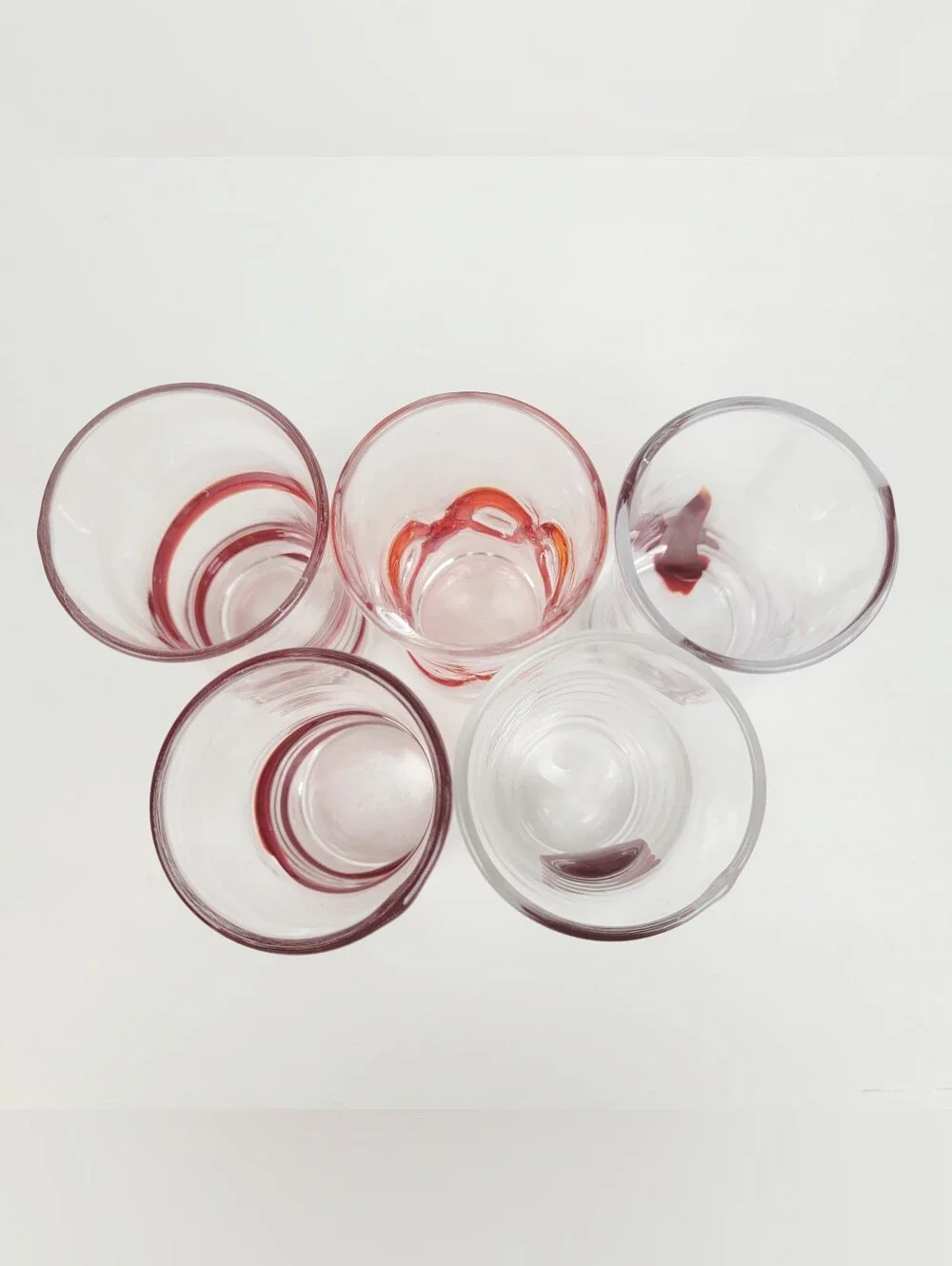 Pier 1 Red Swirline Shot Glasses~2 oz Clear Shooters~Retired~Set of 5~EUC